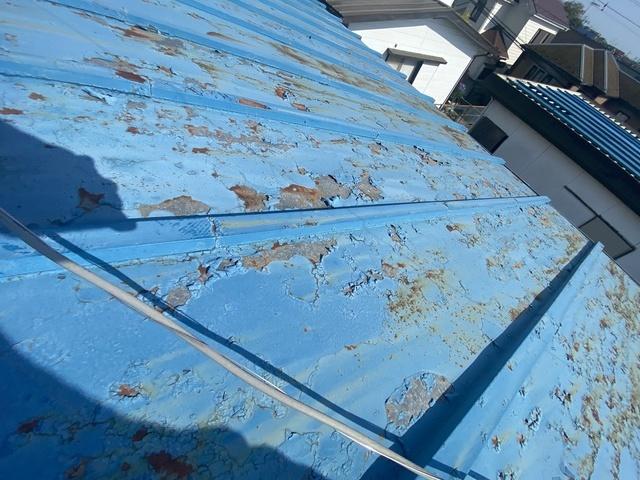 屋根点検事例　トタン屋根　塗装の破片が落ちてくる　横浜市神奈川区 - 横浜市の雨漏り修理、屋根修理、防水工事、雨漏り調査、屋根工事、水漏れ修理なら　横浜水漏れ・雨漏り修理センターにお任せください。